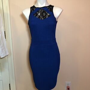 Oona & Maud Blue Black Lace Bodycon Mini Dress Medium Sleeveless Peekaboo